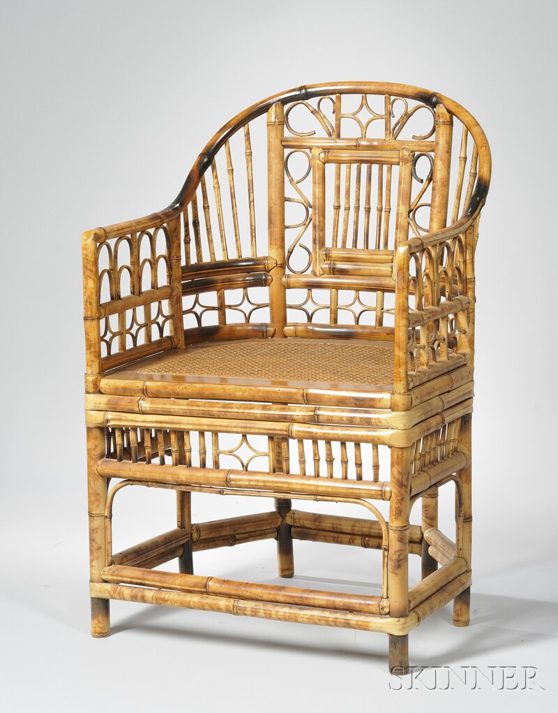 Appraisal: Chinese Red-painted Carved Wood Chair and an Asian Bamboo Armchair