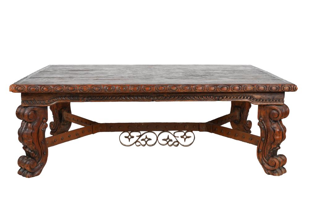 Appraisal: LARGE CARVED WOOD COFFEE TABLEthe top with diamond-shaped parquetry-inlaid central