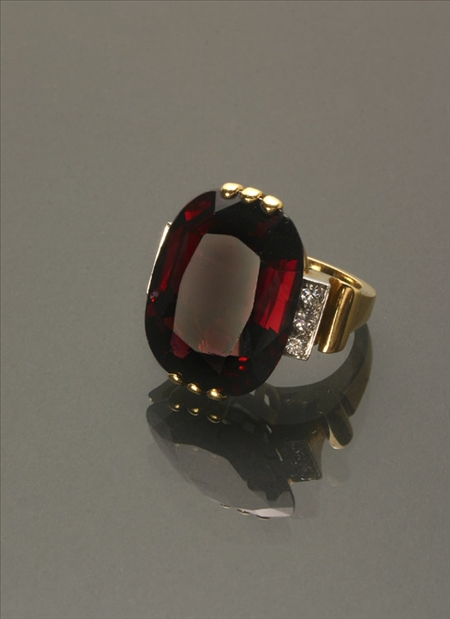 Appraisal: Retro Tested -Karat Yellow-Gold Platinum Garnet and Diamond Dinner Ring