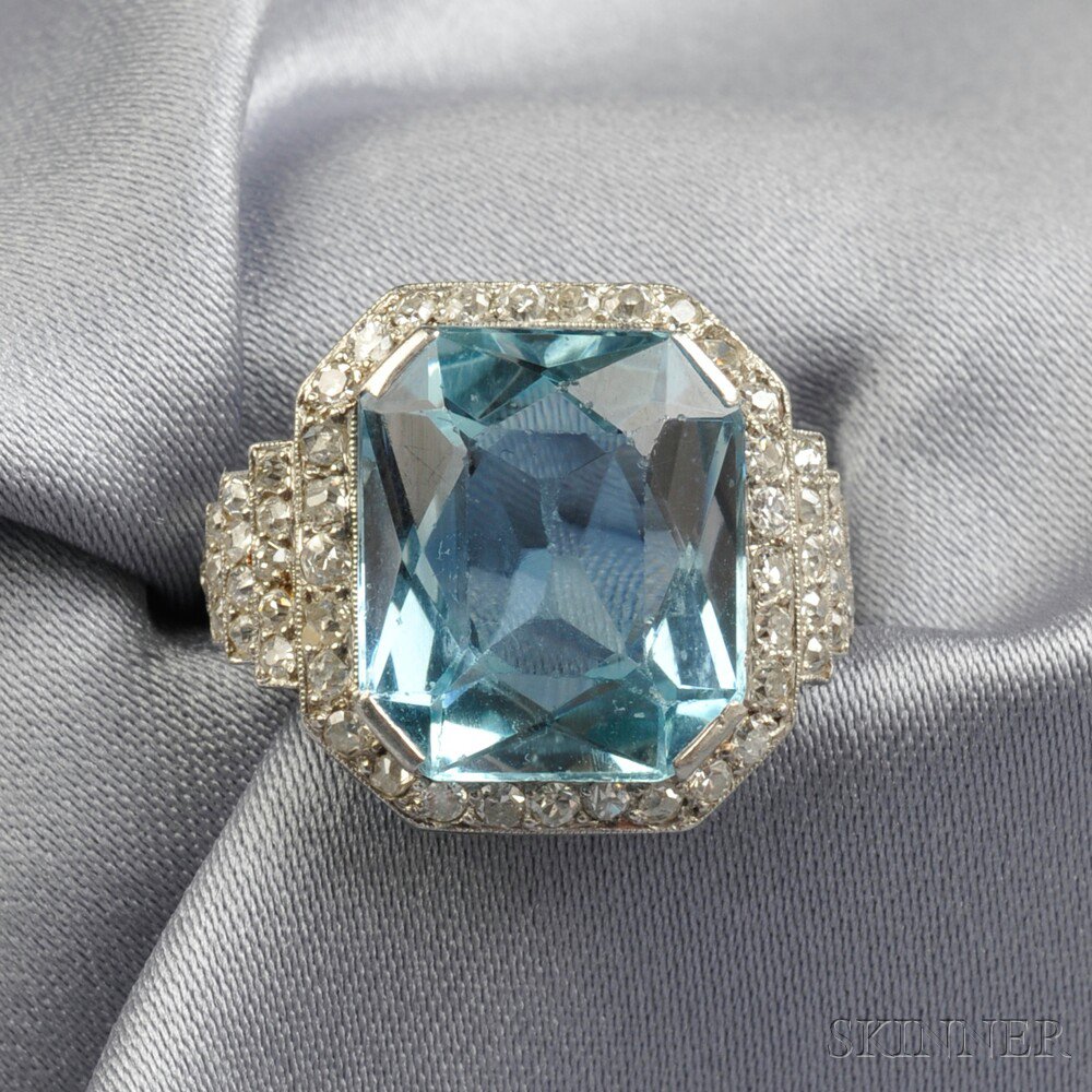 Appraisal: Platinum Aquamarine and Diamond Ring bezel-set with a fancy-cut aquamarine