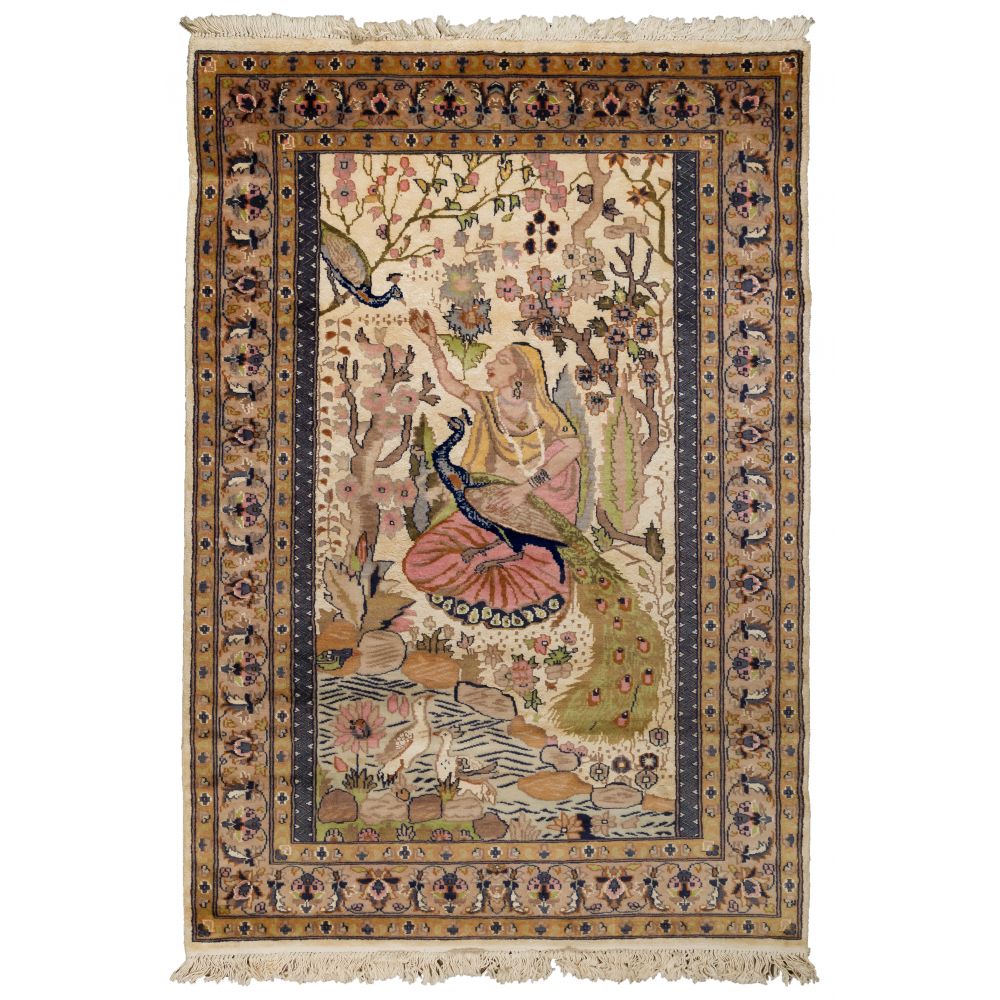 Appraisal: PERSIAN WOOL RUGHand woven having a figural and avian center