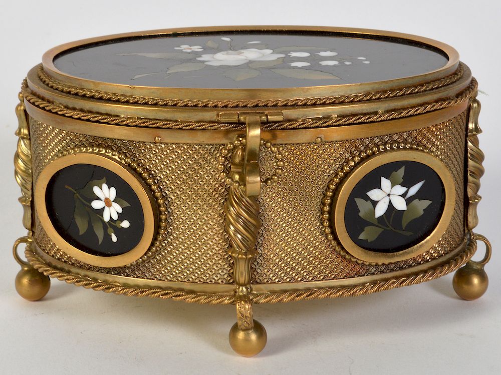 Appraisal: Victorian Gilt Bronze Pietra Dura Jewelry Casket Victorian gilt bronze