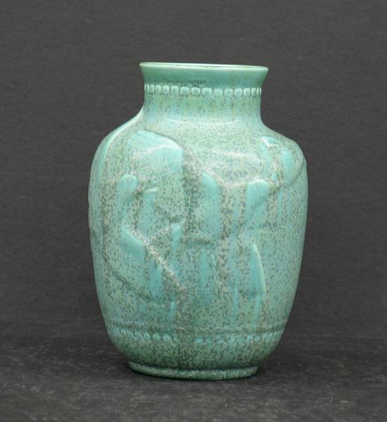 Appraisal: A Rookwood pottery turquoise mottled glazed vase dated Low relief