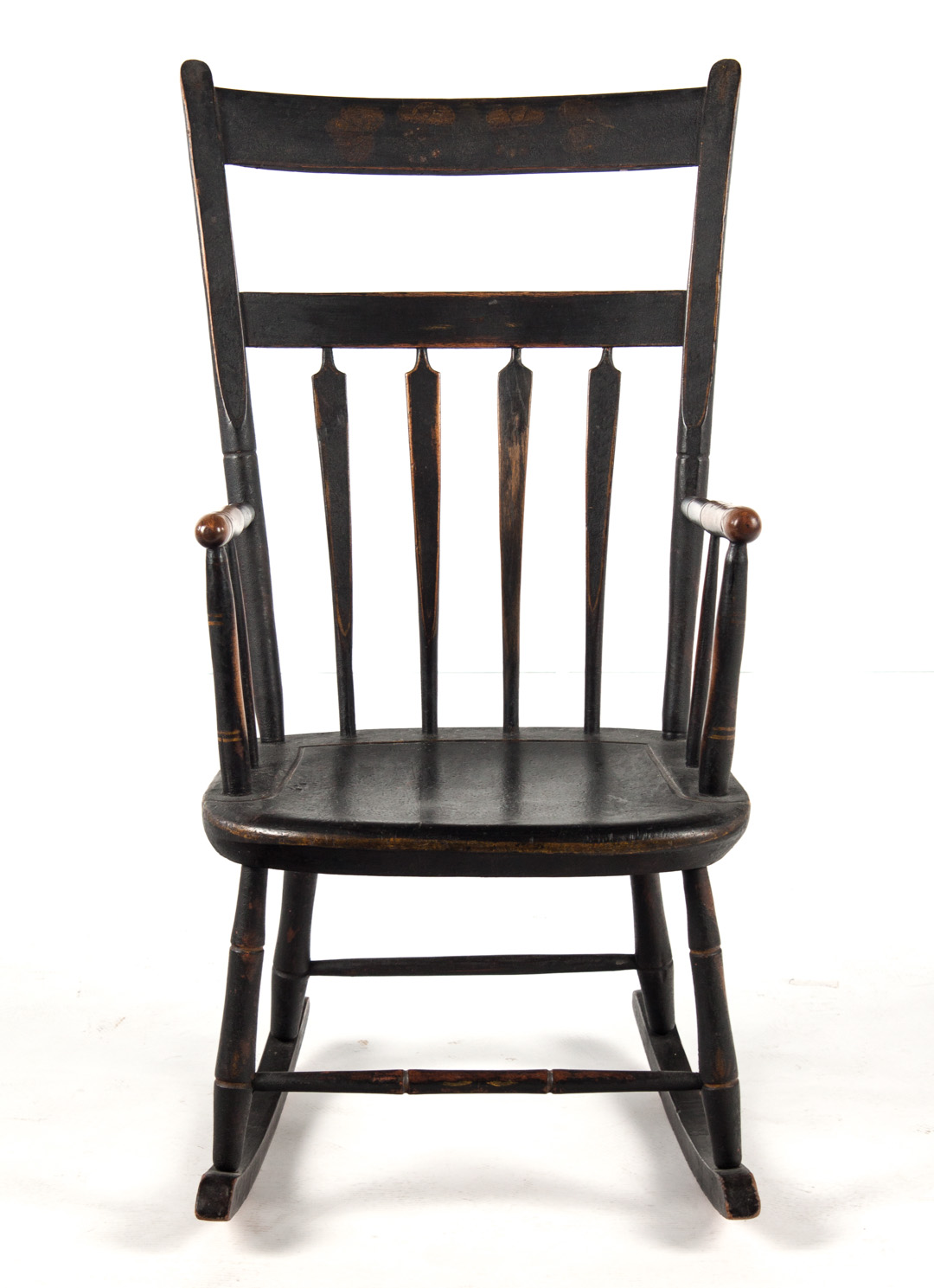 Appraisal: American painted wood rocking chair mid- th century arrow-back splats