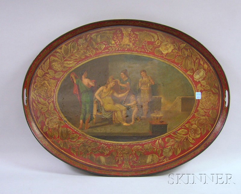 Appraisal: Large Oval Gilt and Hand-painted Allegorical Scene Decorated Tole Tray