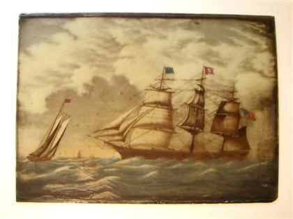 Appraisal: Etched and enameled window pane barque flying american and company