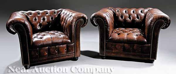 Appraisal: A Pair of Vintage Brown Leather Chesterfield Club Chairs with