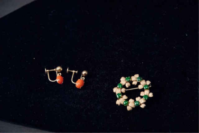 Appraisal: a K Emerald Pin and K Coral Earrings To include