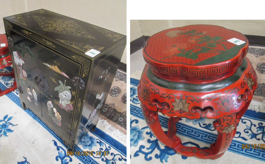 Appraisal: CHINESE LACQUER CABINET AND STOOL The small -door black lacquer