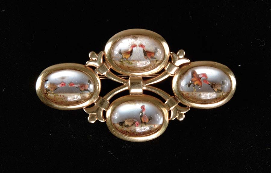 Appraisal: ANTIQUE COCK FIGHTING BROOCH Outstanding brooch has four crystal cabochons