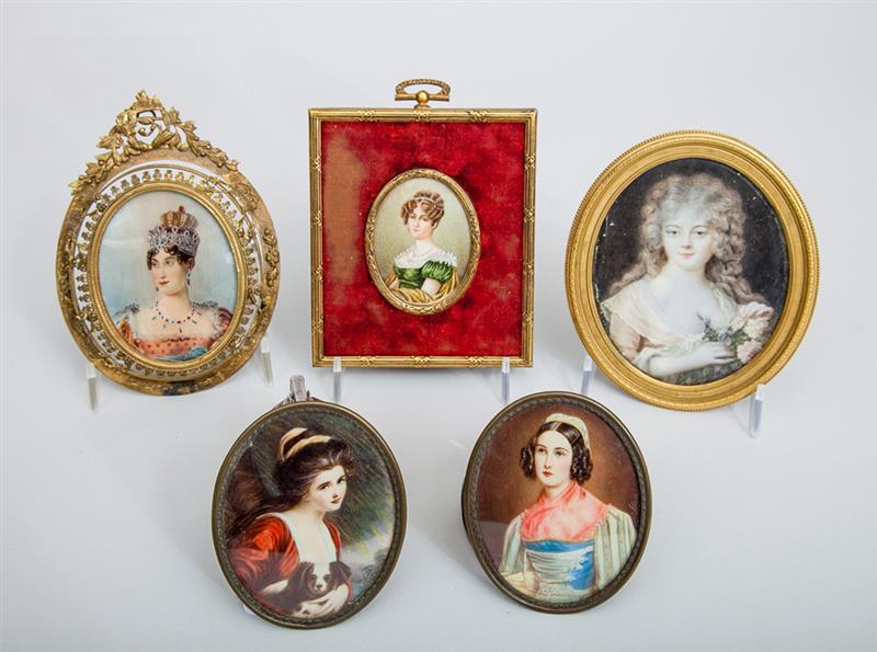 Appraisal: Five Miniature Portraits of Ladies Four watercolors on celluloid and