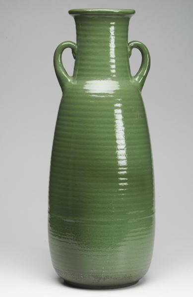 Appraisal: WESTERN STONEWARE MONMOUTH Two-handled floor vase in matte green glaze