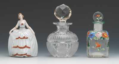 Appraisal: Three Antique Perfume Bottles Including a delicate Sitzendorf porcelain bottle