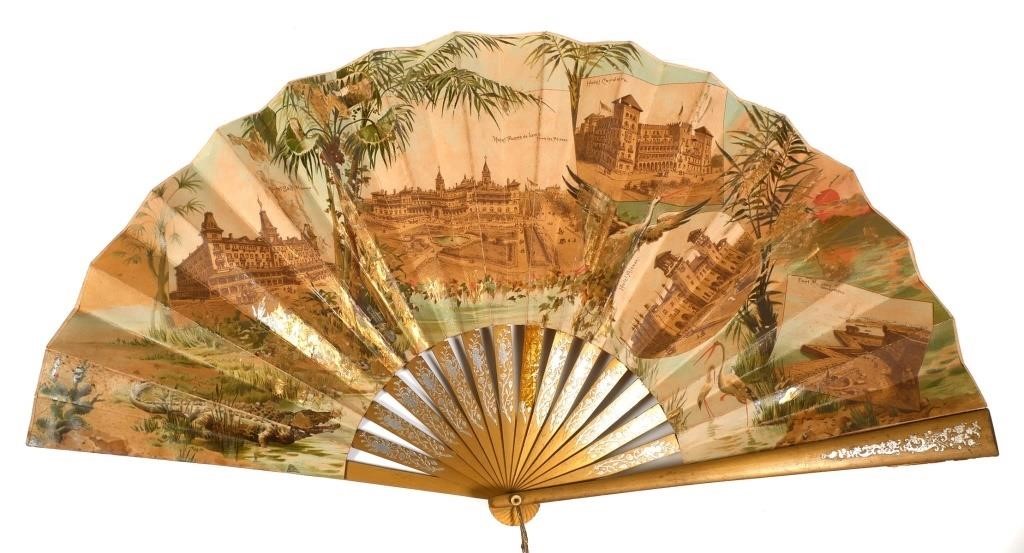 Appraisal: Antique souvenir wood and paper fan from late s picturing