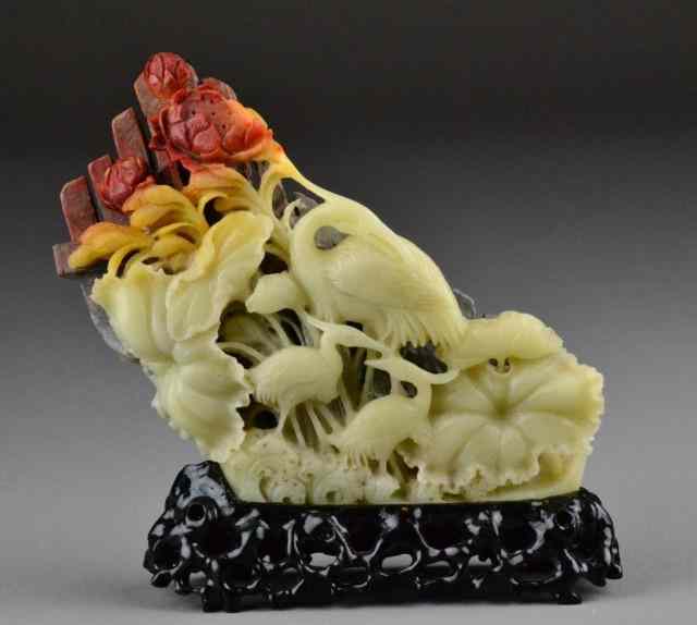 Appraisal: A Fine Chinese Carved Soapstone MountainFinely carved to depict cranes