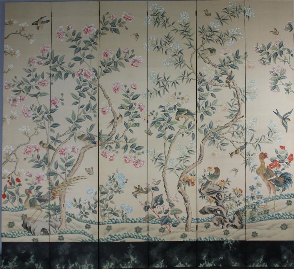 Appraisal: LARGE CHINOISERIE STYLE SIX-PANEL SCREEN formed as a continuous design