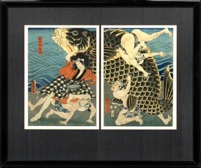 Appraisal: Japanese Woodblock Diptych by Toyokuni III - entitled Kimogawa Kosuke