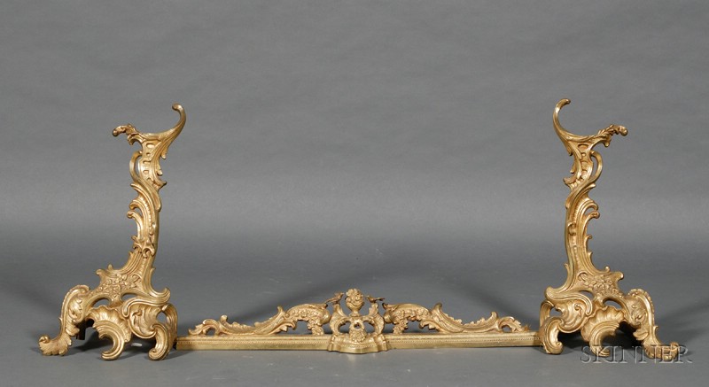 Appraisal: Pair of Louis XV Style Brass Chenets and Associated Fire