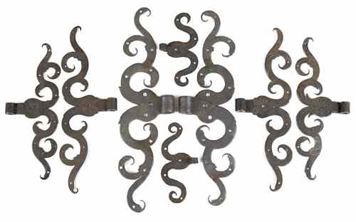 Appraisal: Four pair of Moravian wrought iron ram's horn hinges ca