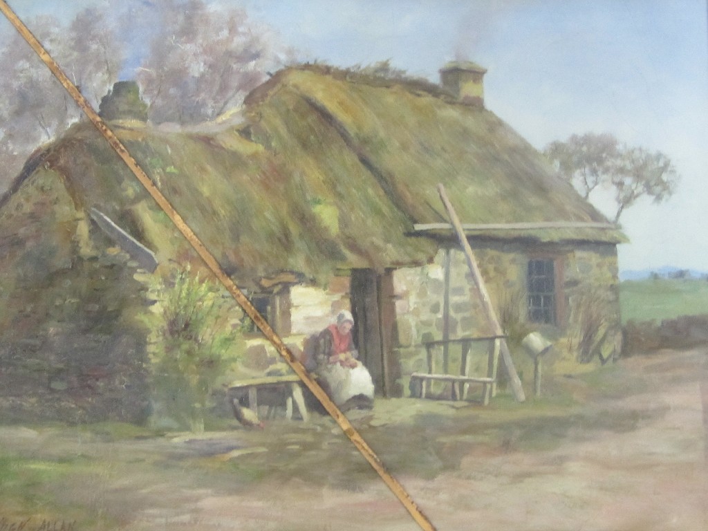 Appraisal: HUGH ALLAN - WOMAN SEATED BEFORE A THATCHED COTTAGE Oil