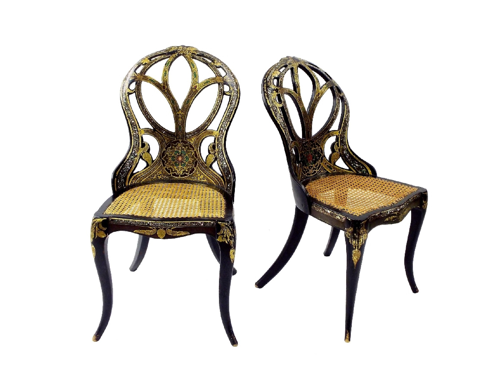 Appraisal: Attractive pair of Victorian ebonised spoon back papier mach chairs