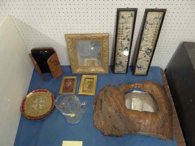 Appraisal: Misc lot including Asian root mirror two Asian painted silkworks