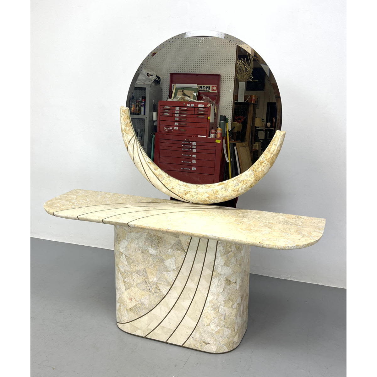 Appraisal: pc Tesselated Marble Console Table and Mirror Round Mirror with