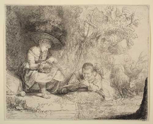 Appraisal: REMBRANDT VAN RIJN The Flute Player Etching and drypoint x