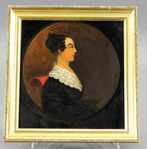 Appraisal: EARLY PORTRAIT PAINTING c primitive painting depicts woman seated in