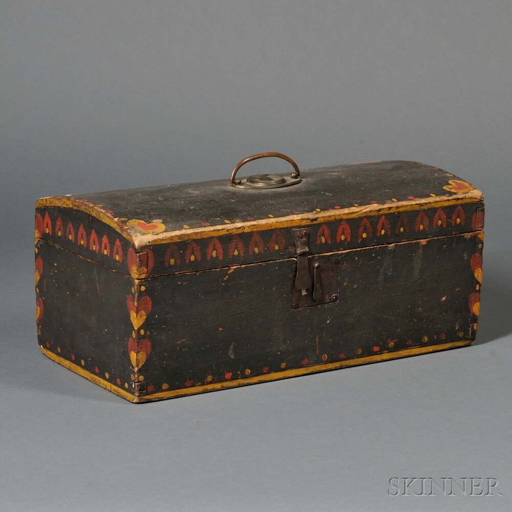 Appraisal: Paint-decorated Dome-top Box reportedly Vermont th century dovetail-constructed box with