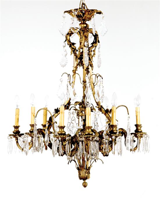 Appraisal: French bronze and crystal nine-light chandelier circa ornate canopy and