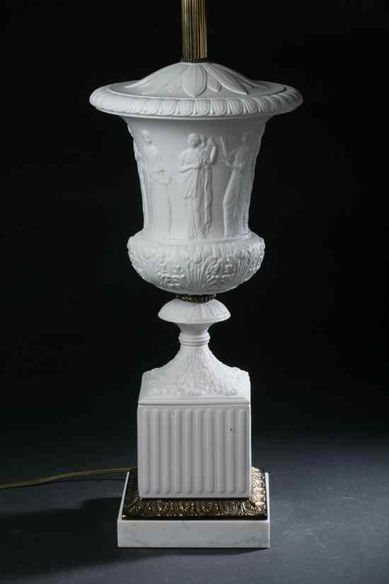 Appraisal: NEO-CLASSICAL STYLE BISQUE PORCELAIN URN-FORM TABLE LAMP th century With