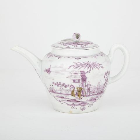 Appraisal: Worcester Puce-Decorated Teapot c painted with Chinese figures and dwellings