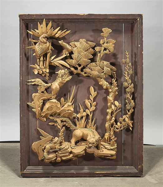 Appraisal: Chinese wood panel with gilt carved high relief landscape with