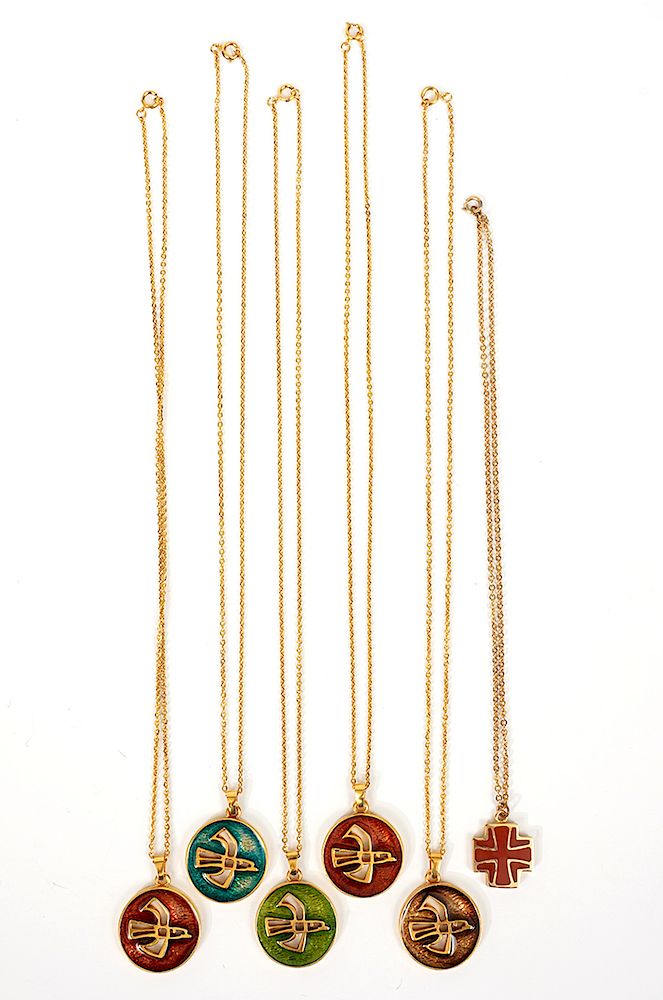 Appraisal: Bernard Chaudron Gold Plate Enamel Necklaces circular bird pendants and