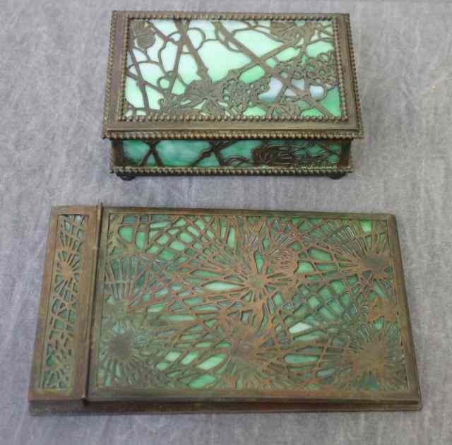 Appraisal: TIFFANY STUDIOS Desk Pieces Including a PineNeedle Note Pad Holder