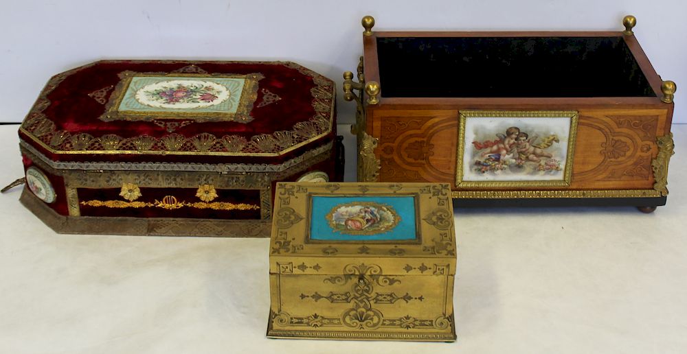 Appraisal: Antique Porcelain Mounted Boxes To include a red velvet x