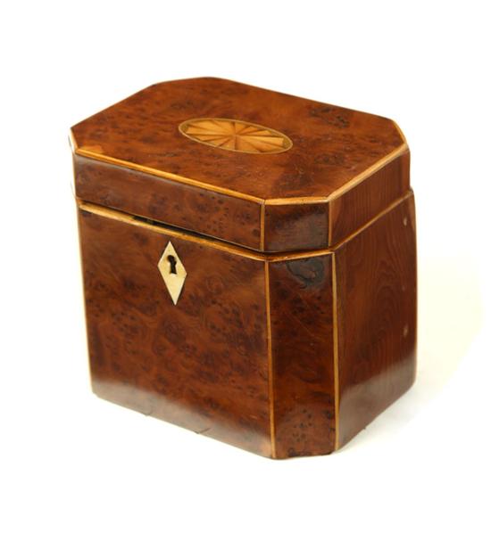 Appraisal: INLAID TEA CADDY England early th century burl yew veneer