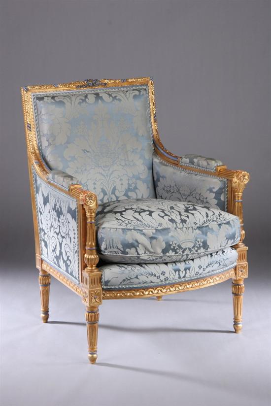 Appraisal: LOUIS XVI -STYLE GILT AND DAMASK UPHOLSTERED BERGERE th century