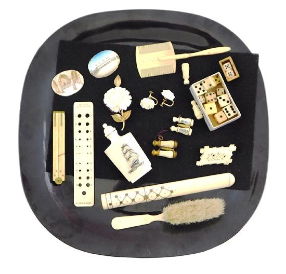 Appraisal: Ivory and bone accessories pieces including two miniature paintings of