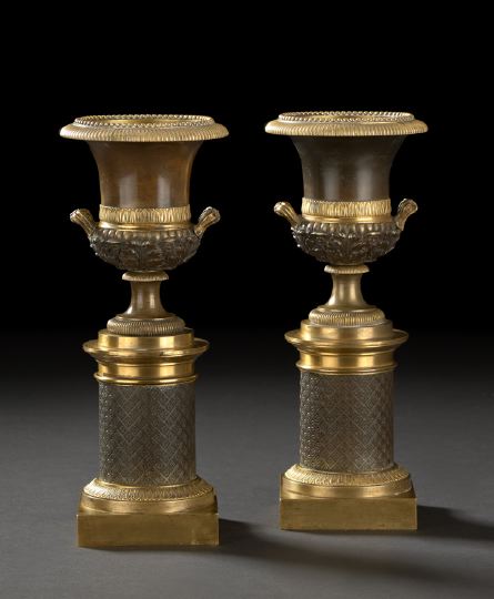 Appraisal: Pair of Restauration Garniture Vases-on-Pedestals first quarter th century the