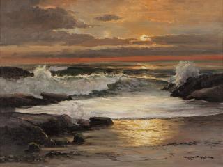 Appraisal: Robert W Wood ''Golden Surf'' crashing waves against a rocky