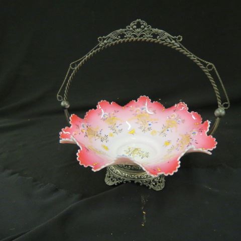 Appraisal: Victorian Art Glass Silverplate Brides Basket enameled floral on cranberry