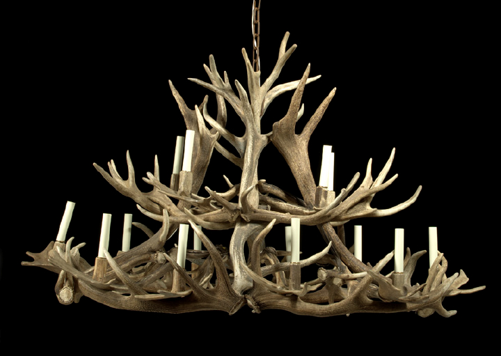 Appraisal: Large Austro-German Antler-Mounted Tiered Fourteen-Light Chandelier of elliptical form comprised