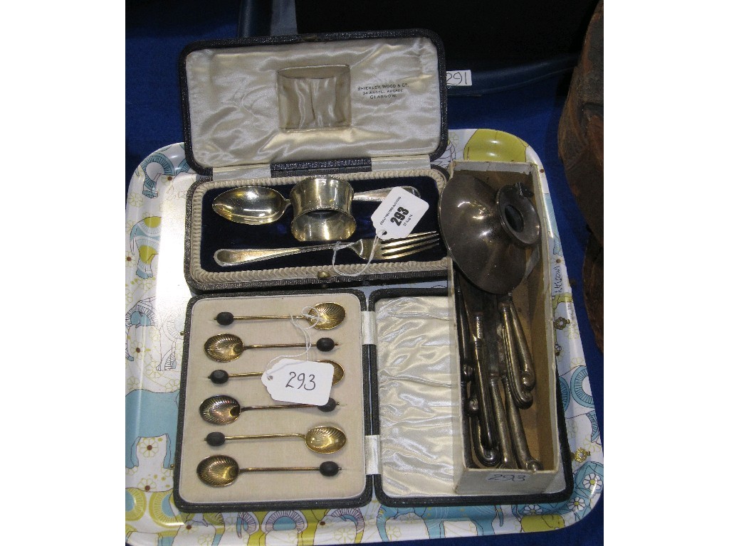 Appraisal: Lot comprising silver christening set silver gilt coffee bean spoon