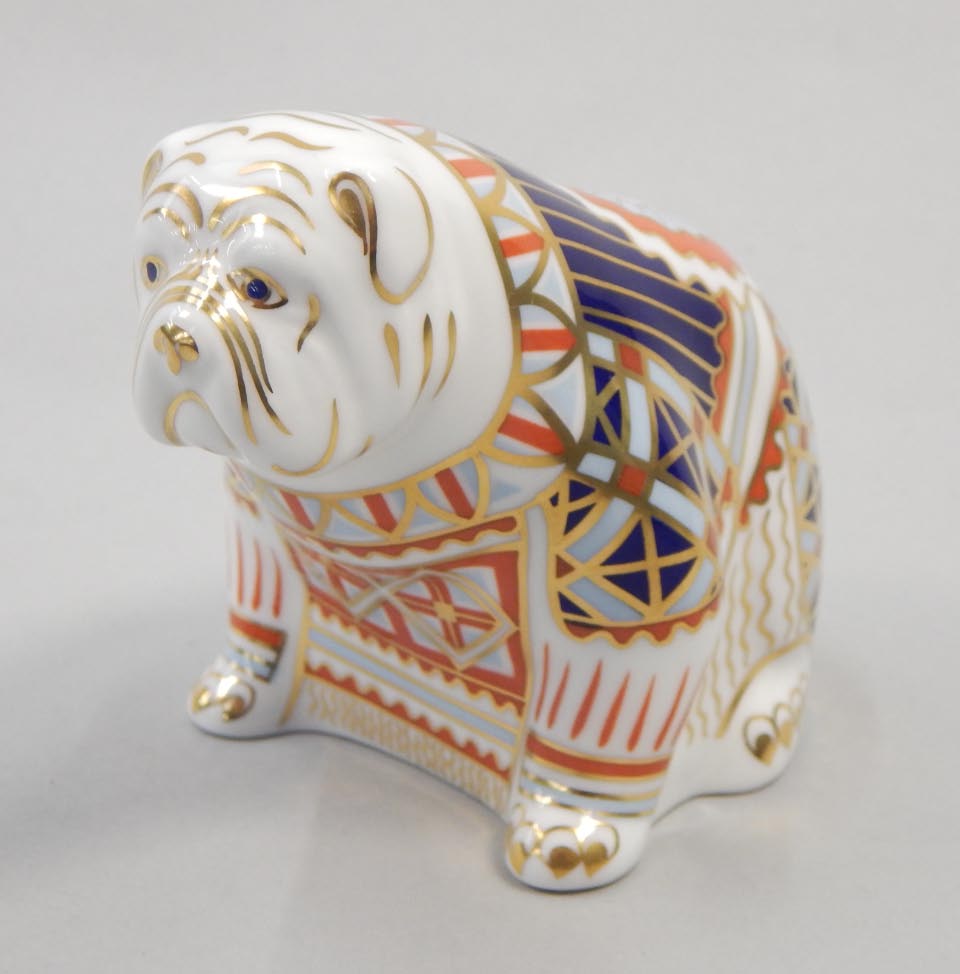 Appraisal: A Royal Crown Derby Imari pattern porcelain bulldog silver button