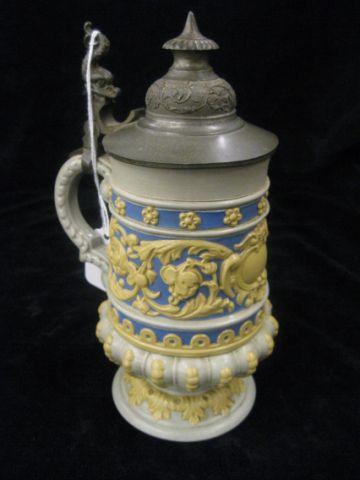 Appraisal: Mettlach Pottery Stein liter pewter lid bas-relief floral design excellent