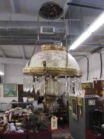 Appraisal: Victorian Hanging Lamp Wavecresttype floral crystal teardrop prisms electrified