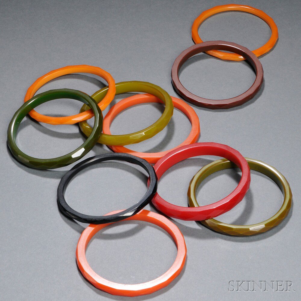 Appraisal: Ten Bakelite Faceted Spacer Bangles United States th century Varying