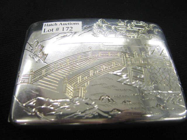 Appraisal: Japanese Sterling Silver Cigarette Case elaborate landscape scene with bridge